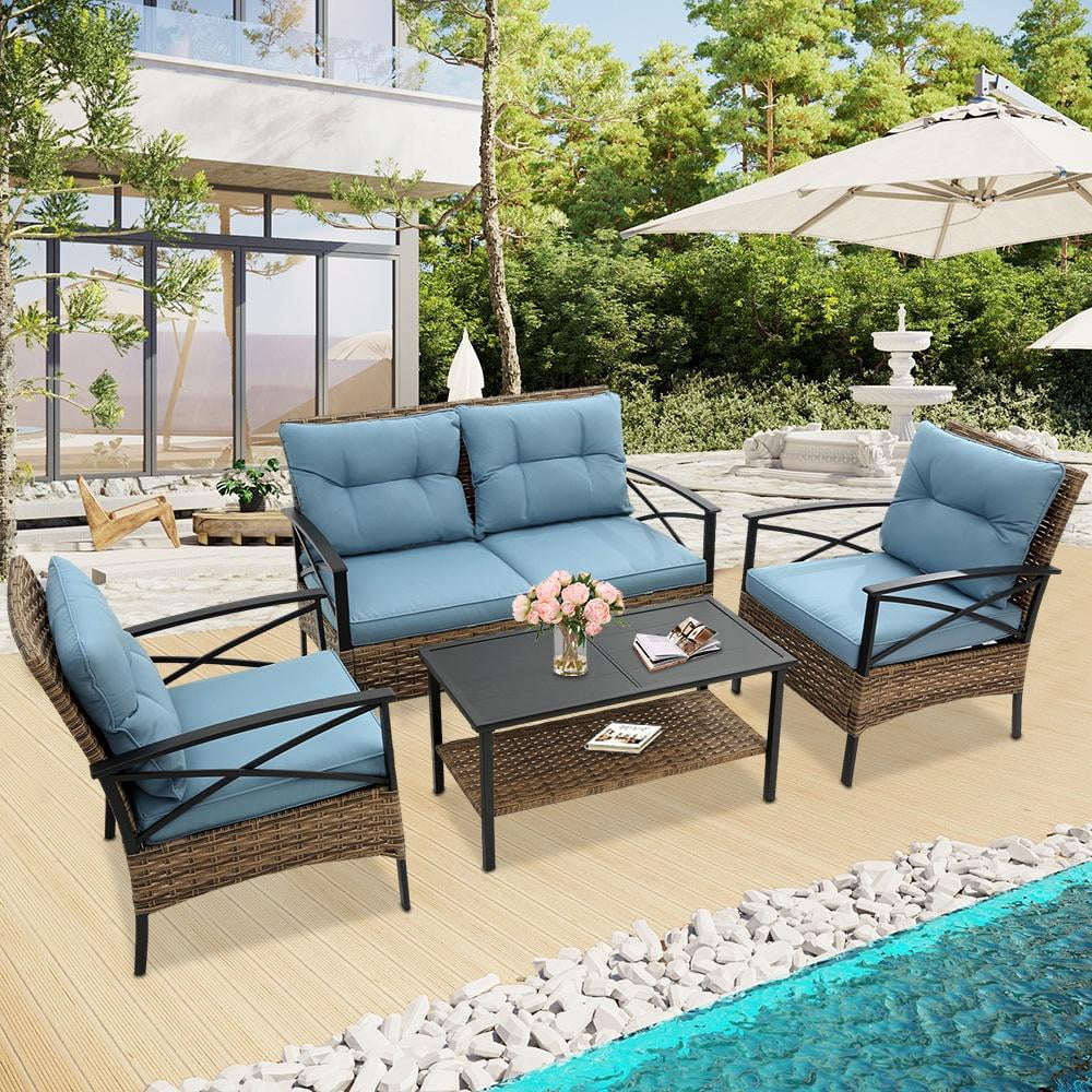 4 Pieces All-Weather PE Rattan Patio Sofa Set with Coffee Table Y217446