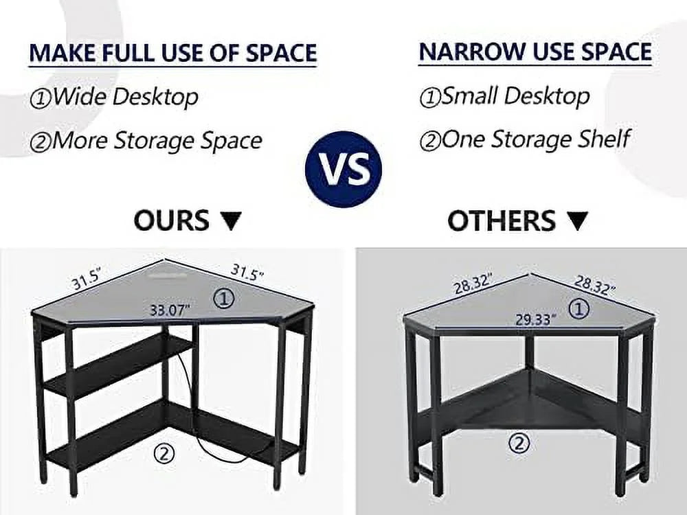 Corner Desk with Outlets USB Ports Shelves L3123