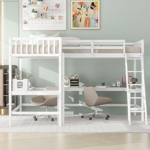 White L-Shaped Wood Twin Size Loft Bed with Desk and Ladder F1111
