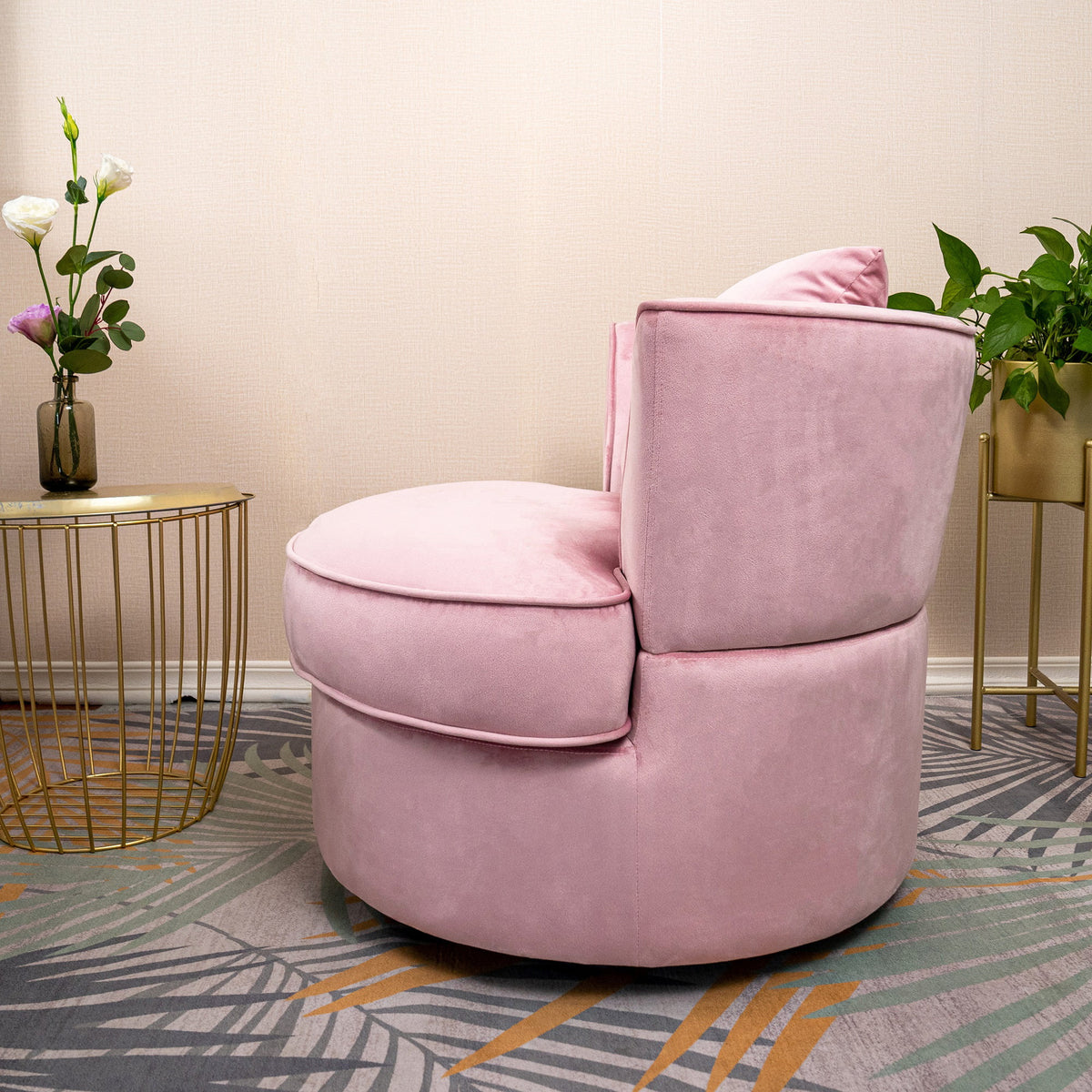 Pink Velvet Swivel Barrel Chair with 1 Pillow S491566