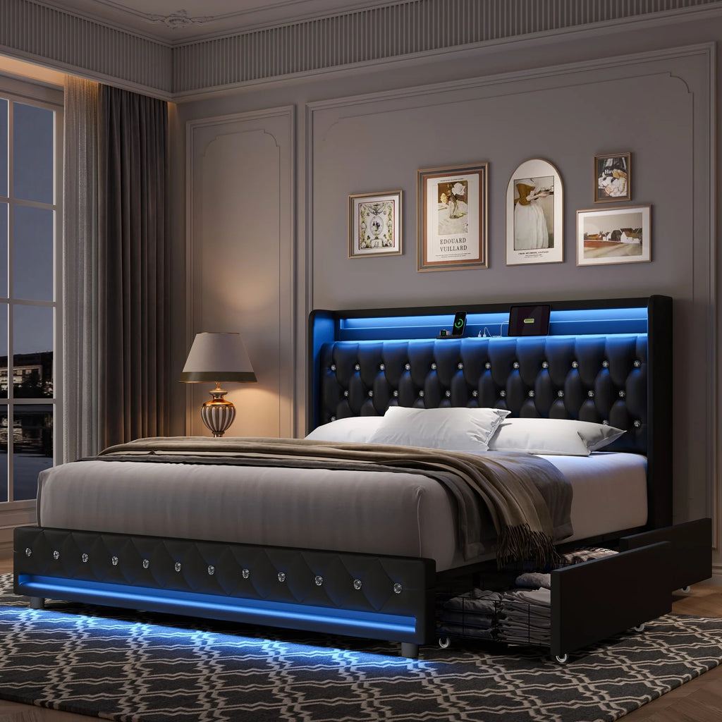 King Size LED Bed Frame with 4 Storage Drawers L80833