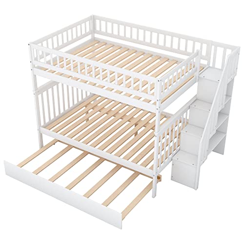 White Full Size Wooden Bunk Bed with Trundle and Storage Staircase C355226