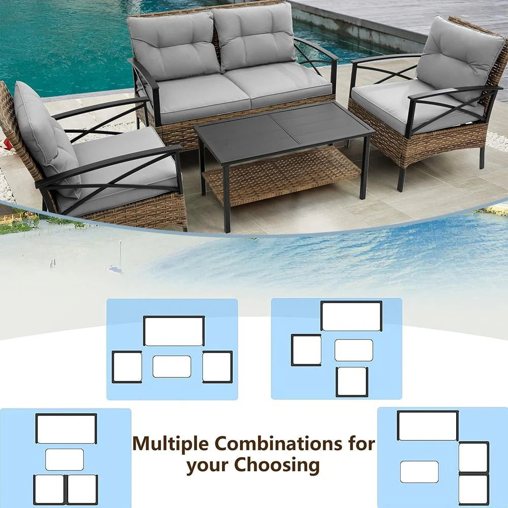 4 Pieces All-Weather PE Rattan Patio Sofa Set with Coffee Table Y217446