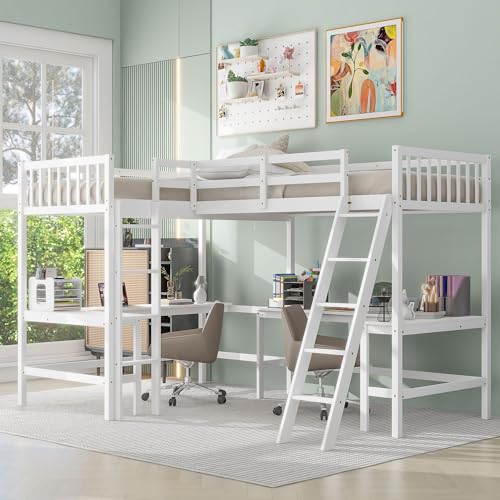 White L-Shaped Wood Twin Size Loft Bed with Desk and Ladder F1111