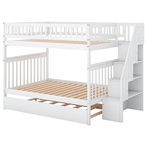 White Full Size Wooden Bunk Bed with Trundle and Storage Staircase C355226