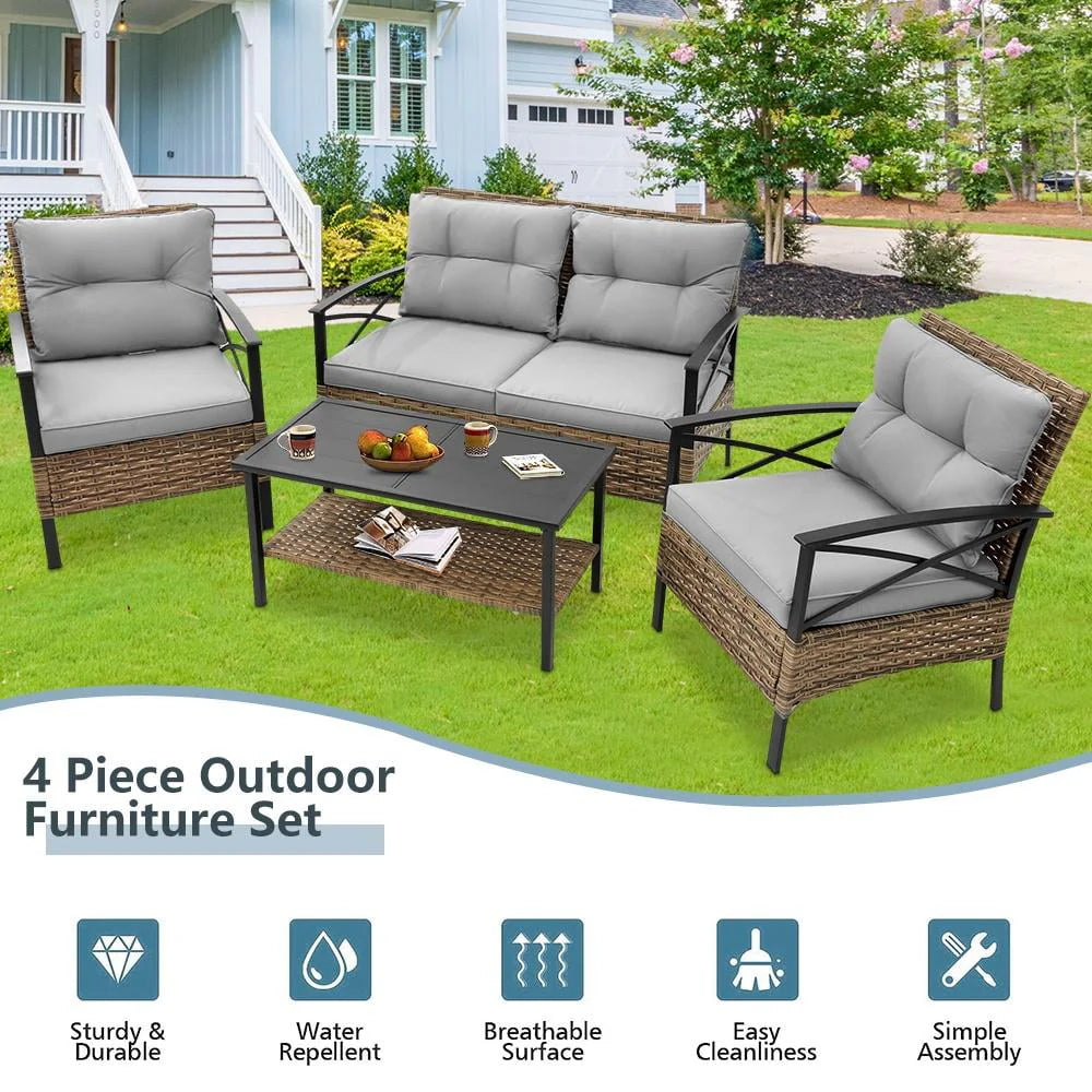 4 Pieces All-Weather PE Rattan Patio Sofa Set with Coffee Table Y217446