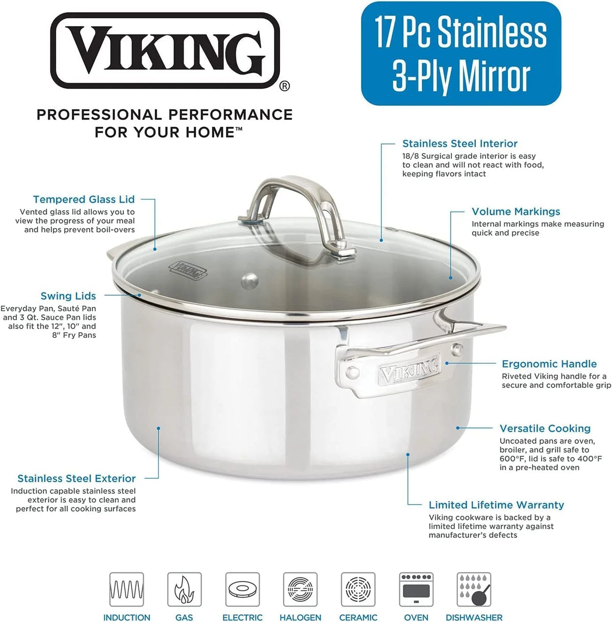 17pc Stainless Steel Cookware Set with Glass Lids K979599