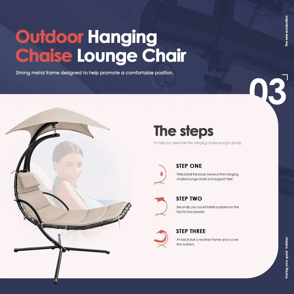 Hanging Curved Chaise Lounge Chair with Pillow, Canopy & Stand O1992