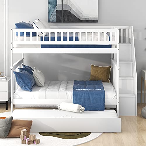 White Full Size Wooden Bunk Bed with Trundle and Storage Staircase C355226