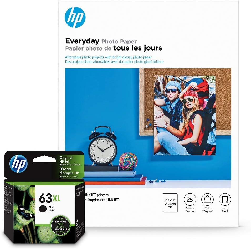 HP 63XL Black Ink, Glossy Photo Paper, 25 Sheets, 8.5x11 Pack of 2 P95323