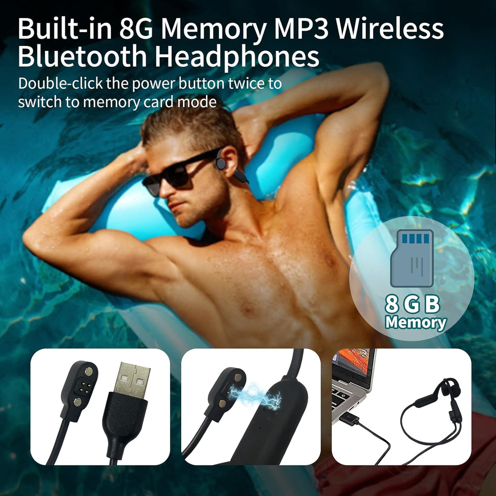 Black Bone Conduction Open Ear Headphones with Mic, 8G Memory, IPX 8 Waterproof, Pack of 2 L9501