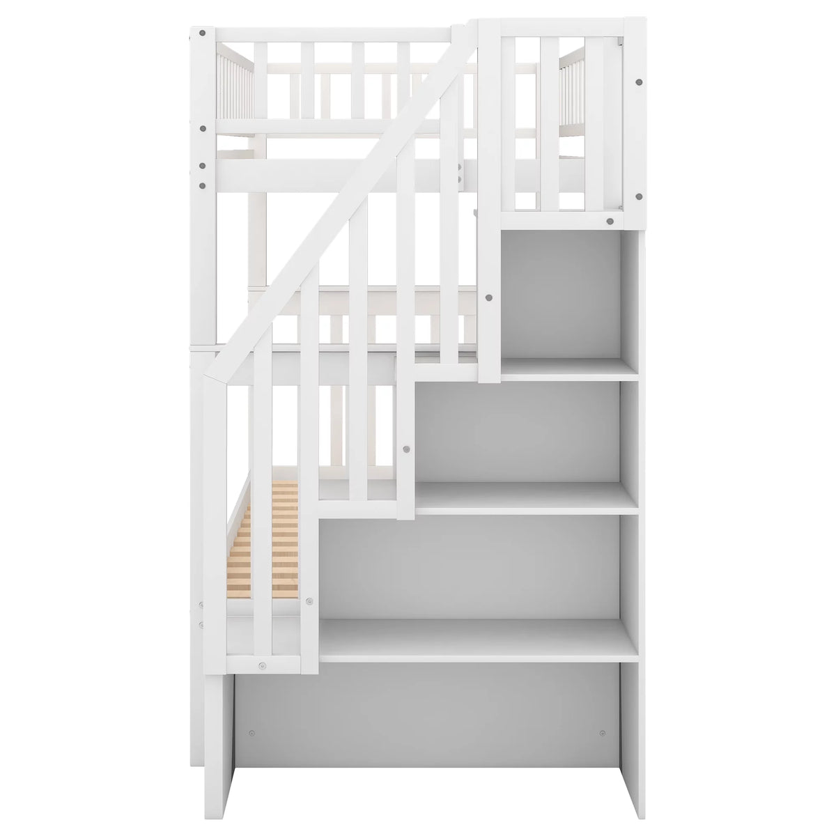 White Wood Twin over Twin Bunk Bed with Trundle and Storage Stairs R747857
