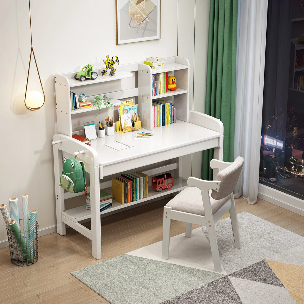 Kids Desk and Chair Set with Drawer and Bookshelf White K310