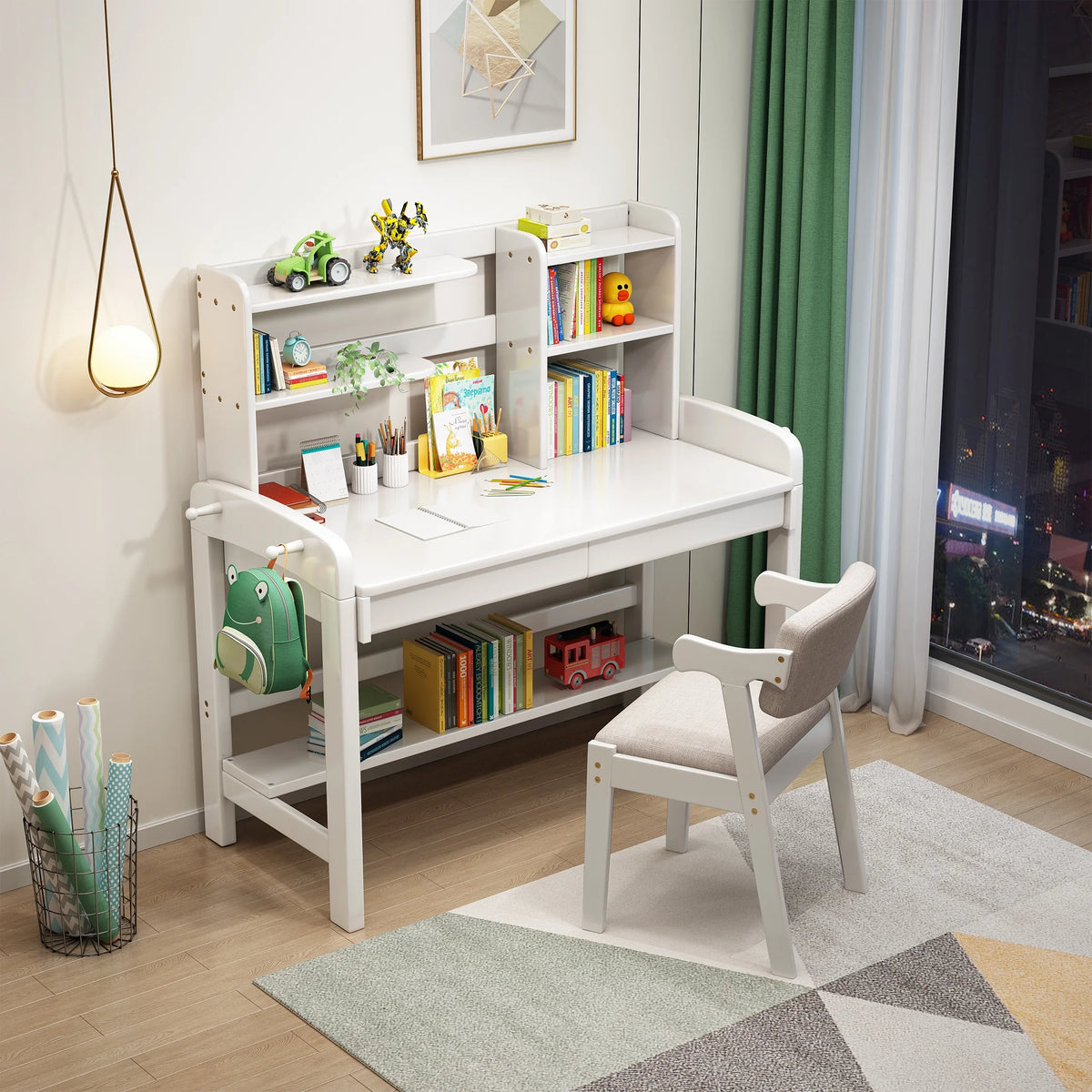 Kids Desk and Chair Set with Drawer and Bookshelf White K310