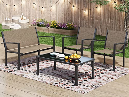 4 Pieces Patio Furniture Set Textilene Fabric with Glass Coffee Table Black L147
