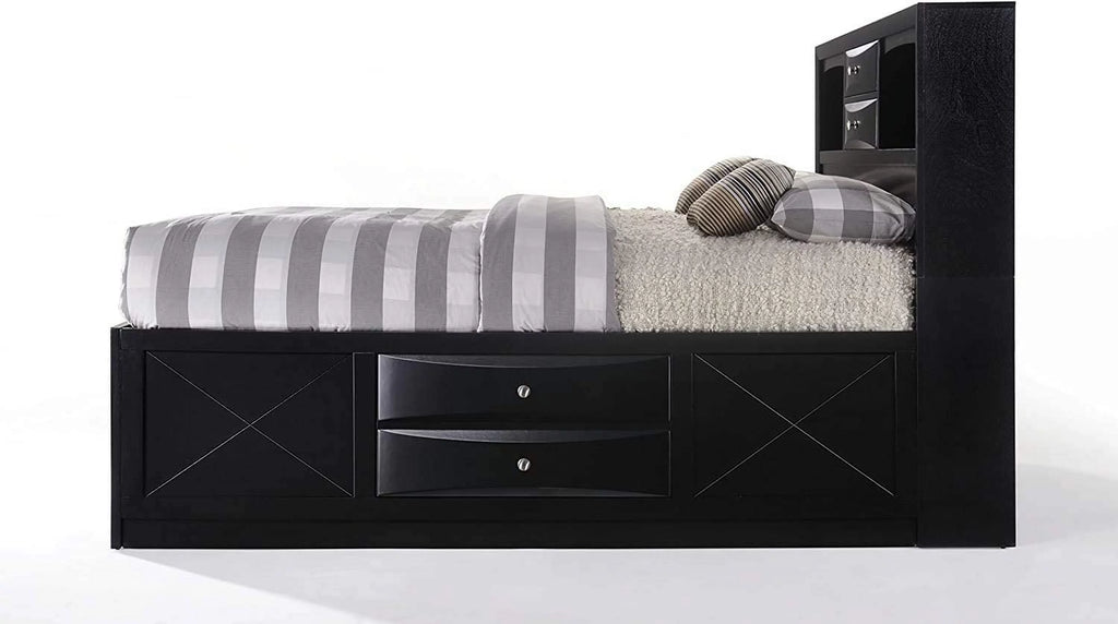 Queen Size Bed with Storage and Headboard Bookcase in Black L1654