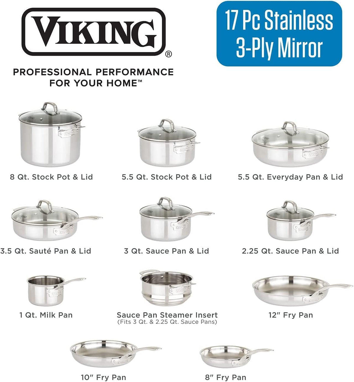 17pc Stainless Steel Cookware Set with Glass Lids K979599