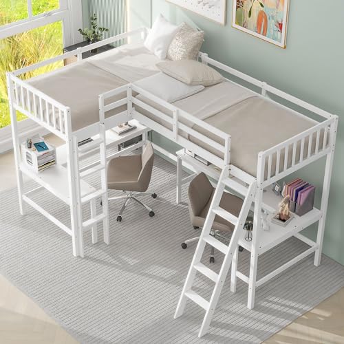 White L-Shaped Wood Twin Size Loft Bed with Desk and Ladder F1111