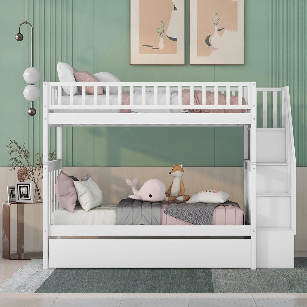 White Wood Twin over Twin Bunk Bed with Trundle and Storage Stairs R747857
