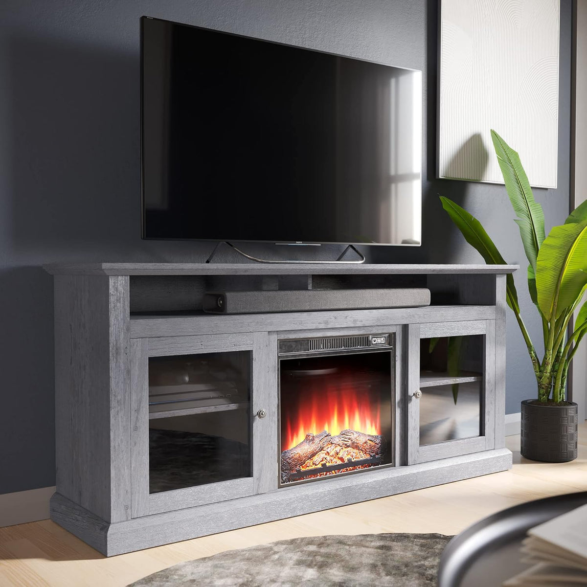 Gray Wash Electric Fireplace TV Stand with Open Storage Shelves & Cabinets Q556114