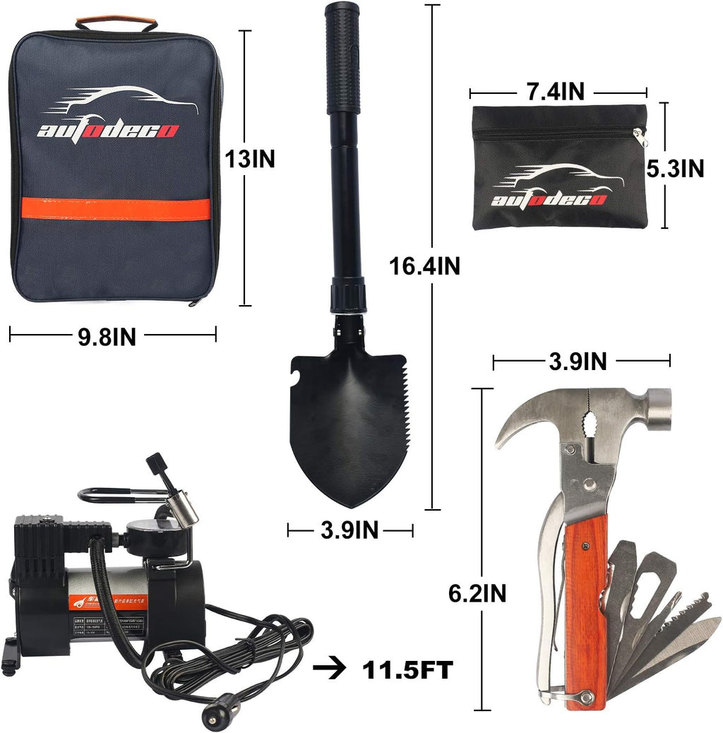 118 Pieces Car Emergency Kit with Jumper Cables, Air Compressor, Tow Strap, Hammer, Shovel S647571
