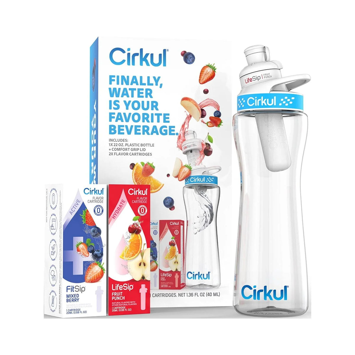 22oz Plastic Water Bottle Starter Kit with Blue Lid and 2 Flavor Cartridges E61387