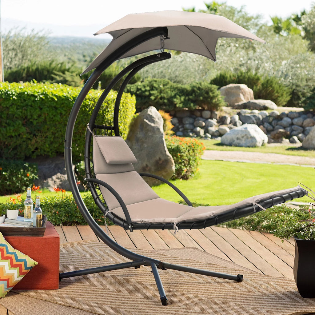 Hanging Curved Chaise Lounge Chair with Pillow, Canopy & Stand O1992
