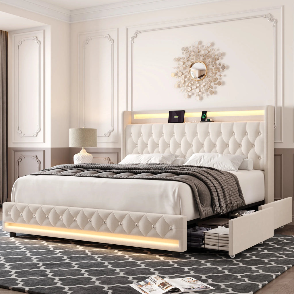 King Size LED Bed Frame with 4 Storage Drawers L80833