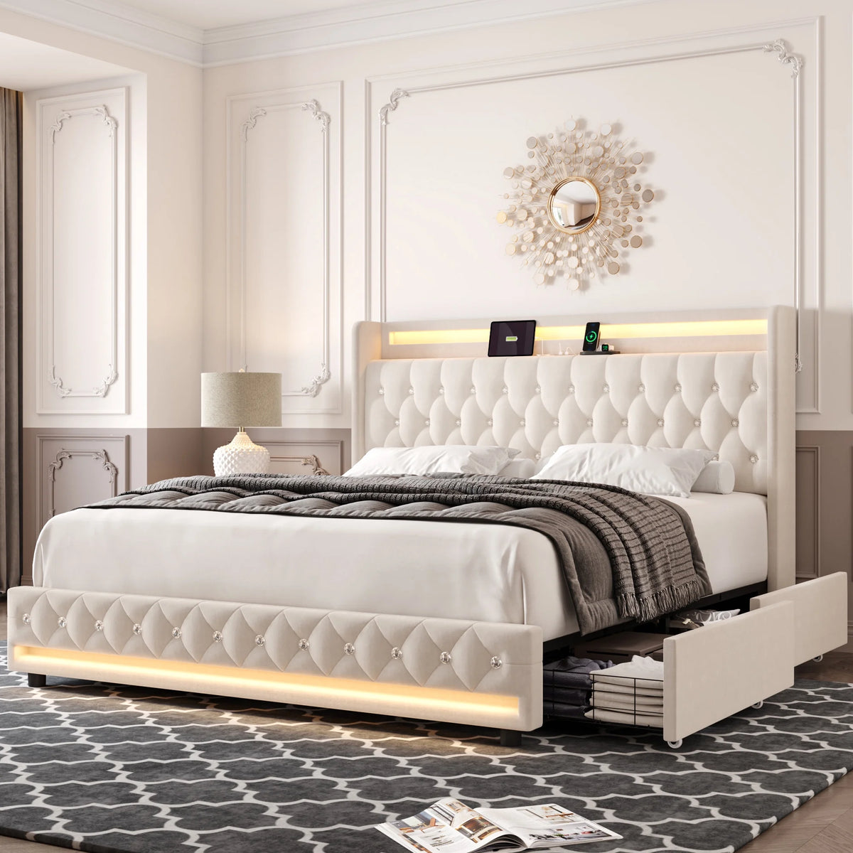King Size LED Bed Frame with 4 Storage Drawers L80833