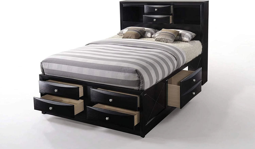 Queen Size Bed with Storage and Headboard Bookcase in Black L1654