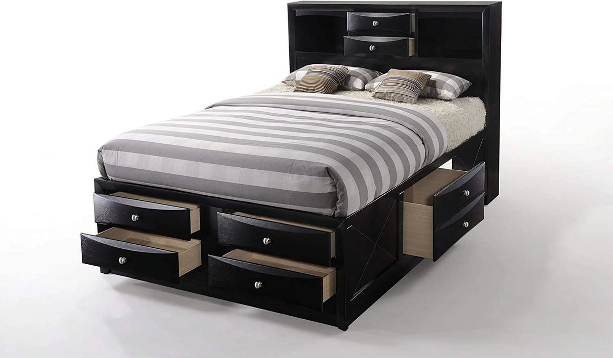 Queen Size Bed with Storage and Headboard Bookcase in Black L1654