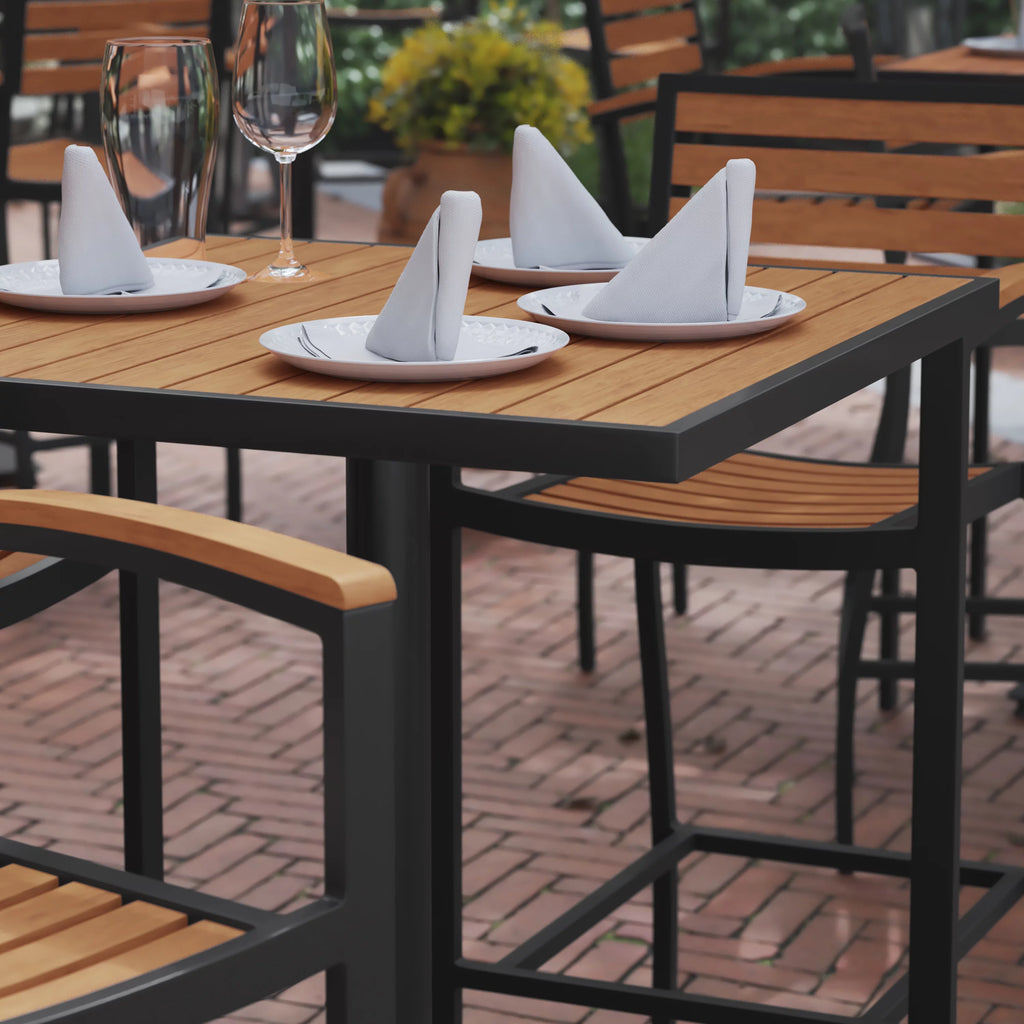32" Square Outdoor Bar Height Table with Faux Teak Slats T531