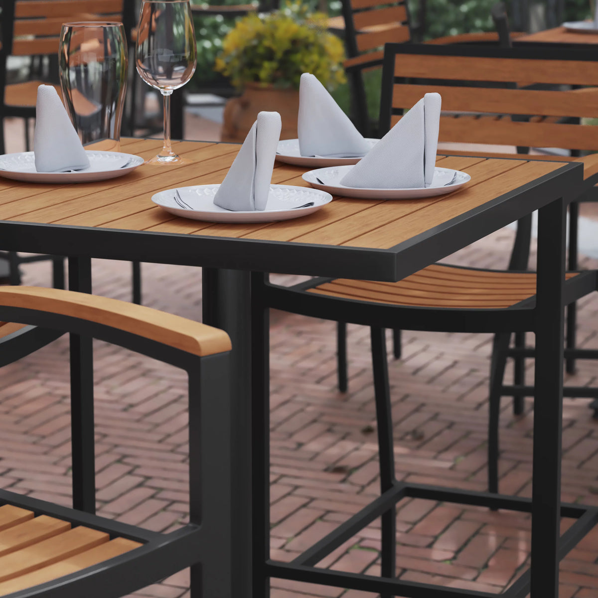 32" Square Outdoor Bar Height Table with Faux Teak Slats T531
