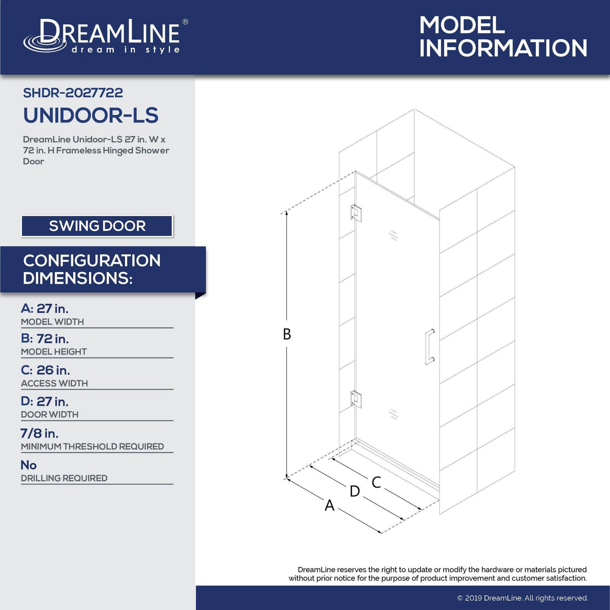 27 in. W x 72 in. H Frameless Hinged Shower Door, Satin Black E860860